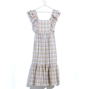 Madewell 10 Medium M Plaid Ruffle Sleeved Tiered Midi Dress Blue Tan Sundress